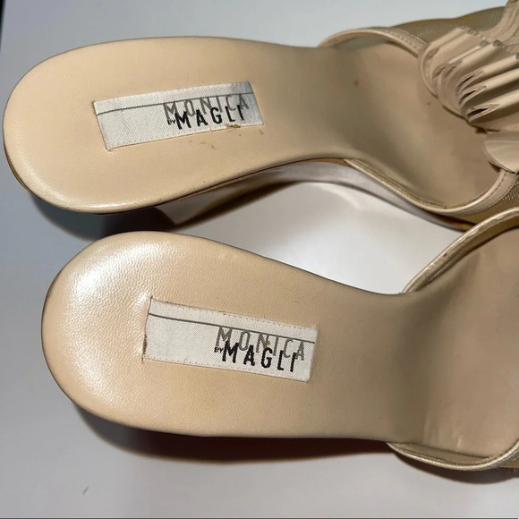 Monica Magli Tan Flutter Mesh Inset Slip-on Wooden Wedged Sandals 6 Women’s - Picture 8 of 12